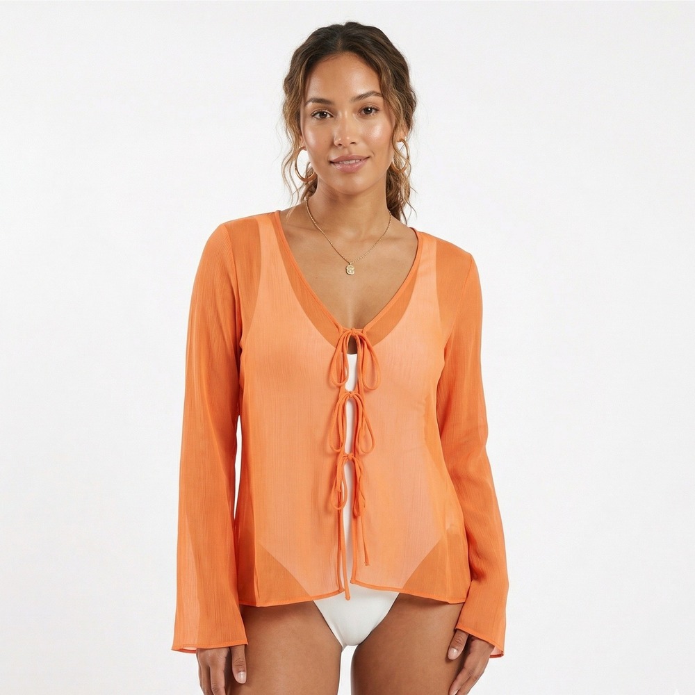 Dippin Daisys Sheer Mesh Swimsuit Coverup Orange V-Neck Tie Front Beach Size M